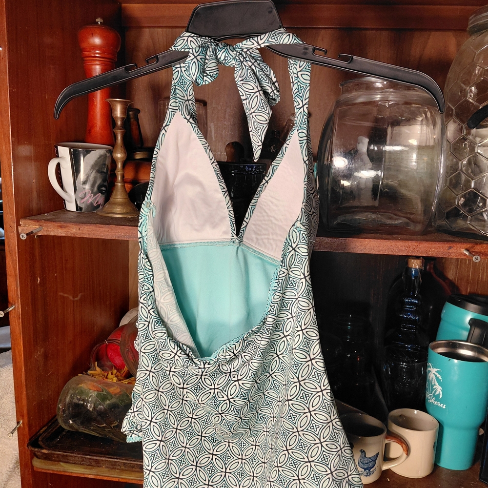 halter-neck one-piece swimsuit with a teal and white geometric pattern - Picture 2 of 2